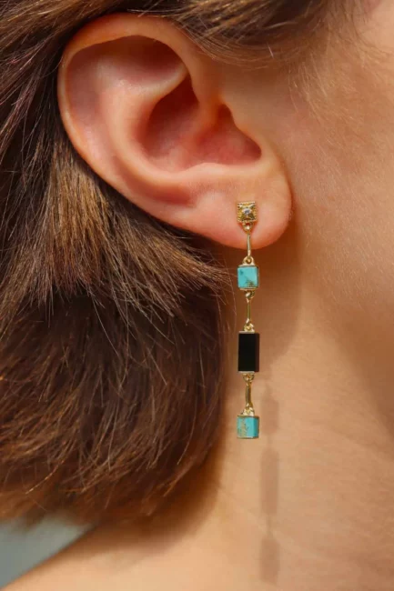 Aventurine le Raincy bijoux - Louisette: Boucles d'oreilles pendantes plaqué or Turquoise et Onyx noir Lambertine