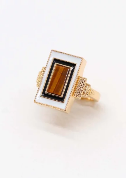 Victorine: Bague Art Déco rectangulaire plaqué or et Oeil de tigre Lambertine