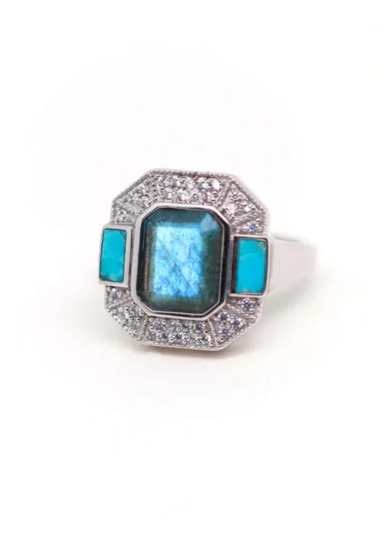 Aventurine le Raincy bijoux - Bague Célestine : Bague Art Déco Argent avec Labradorite et Turquoise Lambertine