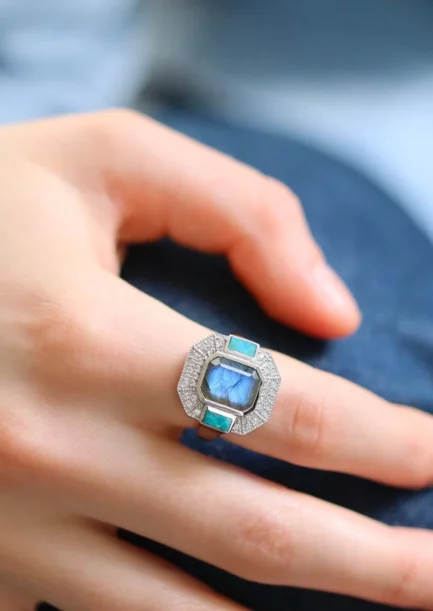Aventurine le Raincy bijoux - Bague Célestine : Bague Art Déco Argent avec Labradorite et Turquoise Lambertine