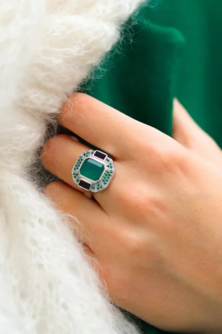 Aventurine le Raincy bijoux - Célestine: Bague Art Déco Argent avec Onyx vert et Onyx noir Lambertine