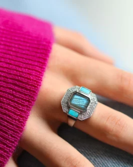 Célestine - Bague argent avec labradorite & turquoise