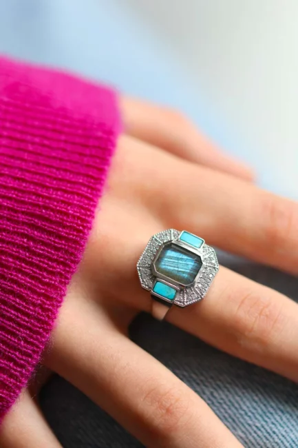 Aventurine le Raincy bijoux - Bague Célestine : Bague Art Déco Argent avec Labradorite et Turquoise Lambertine