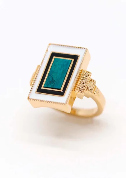 Victorine: Bague Art Déco rectangulaire plaqué or et Chrysocolle Lambertine