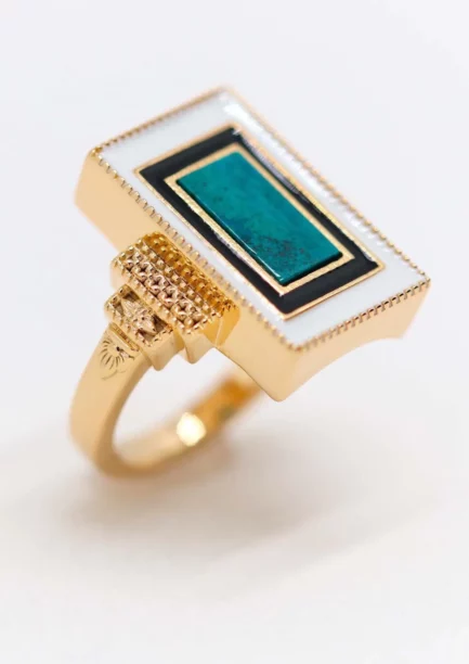 Victorine: Bague Art Déco rectangulaire plaqué or et Chrysocolle Lambertine