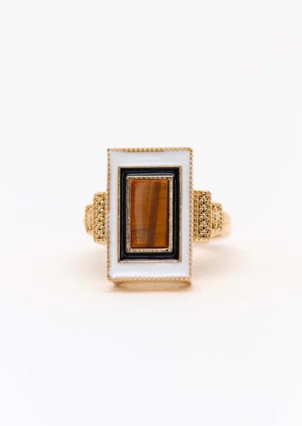 Victorine: Bague Art Déco rectangulaire plaqué or et Oeil de tigre Lambertine