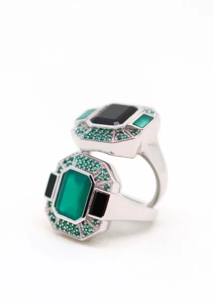 Aventurine le Raincy bijoux - Célestine: Bague Art Déco Argent avec Onyx vert et Onyx noir Lambertine