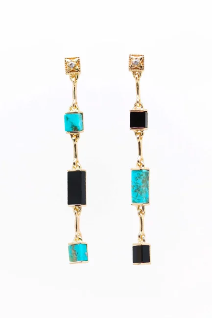 Louisette: Boucles d'oreilles pendantes plaqué or Turquoise et Onyx noir Lambertine