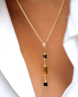 Louisette - Collier Y oeil de tigre & onyx noir plaqué or
