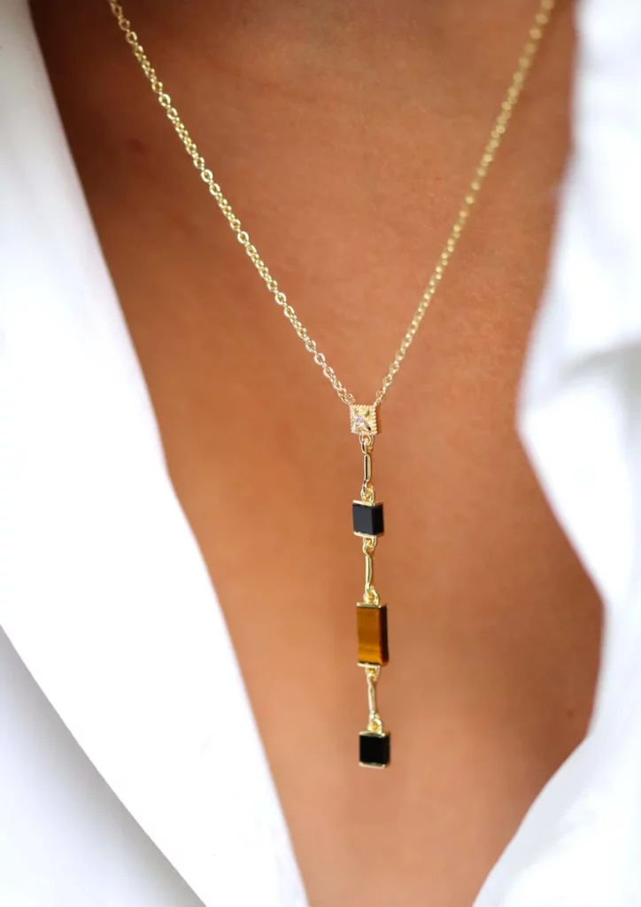 Aventurine le Raincy bijoux - Louisette: Collier Y Oeil de tigre et Onyx noir plaqué or Lambertine