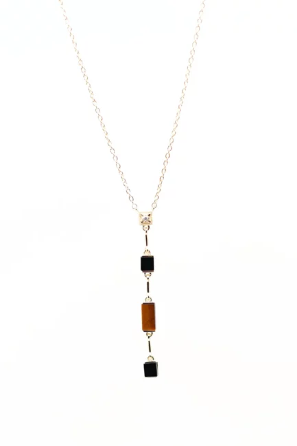 Louisette: Collier Y Oeil de tigre et Onyx noir plaqué or Lambertine
