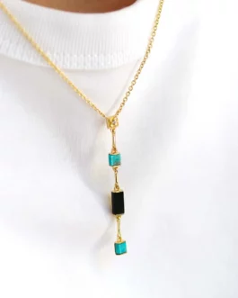 Louisette - Collier Y turquoise & onyx noir plaqué or