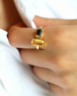 Odette - Bague plaqué or Citrine et Onyx noir