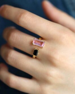 Odette - Bague plaqué or Quartz rose et Onyx noir